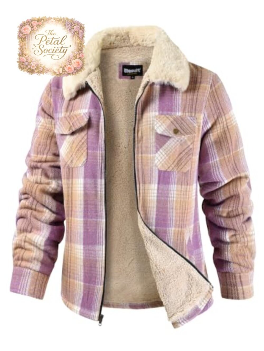 Fleece Lined Plaid Flannel Shirt Jacket Zip Up Sherpa Coat